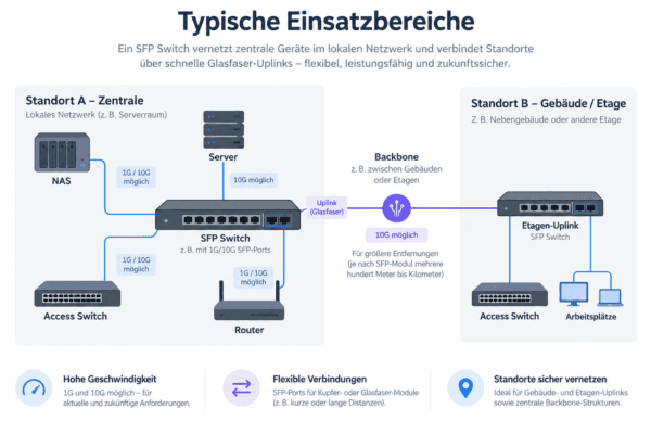 Infografik mit SFP Switch, Server, NAS, Router und Glasfaser-Uplink zwischen zwei Netzwerkstandorten