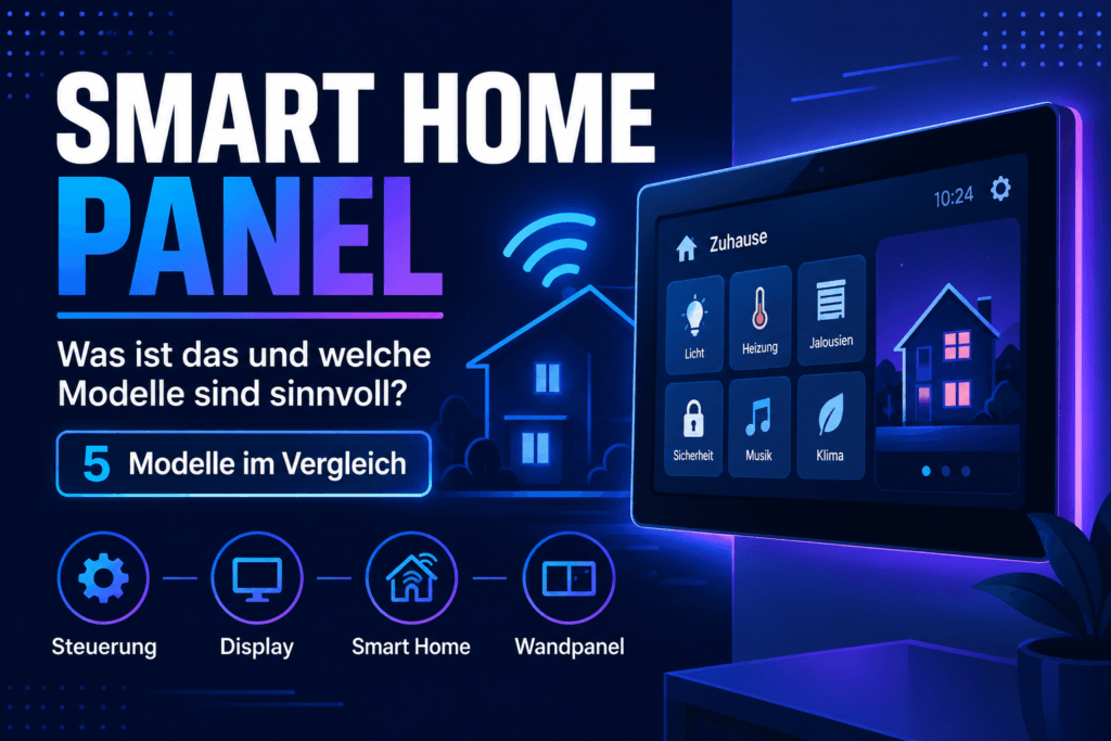 Illustration eines Smart Home Panels mit Touchscreen zur Steuerung von Licht, Heizung, Sicherheit und Klima