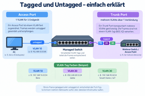 Infografik zum Unterschied zwischen Access Port und Trunk Port mit untagged und tagged VLAN-Verbindungen