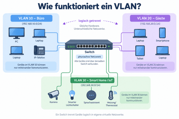 Infografik mit Managed Switch und getrennten VLANs für Büro, Gäste und Smart Home beziehungsweise IoT
