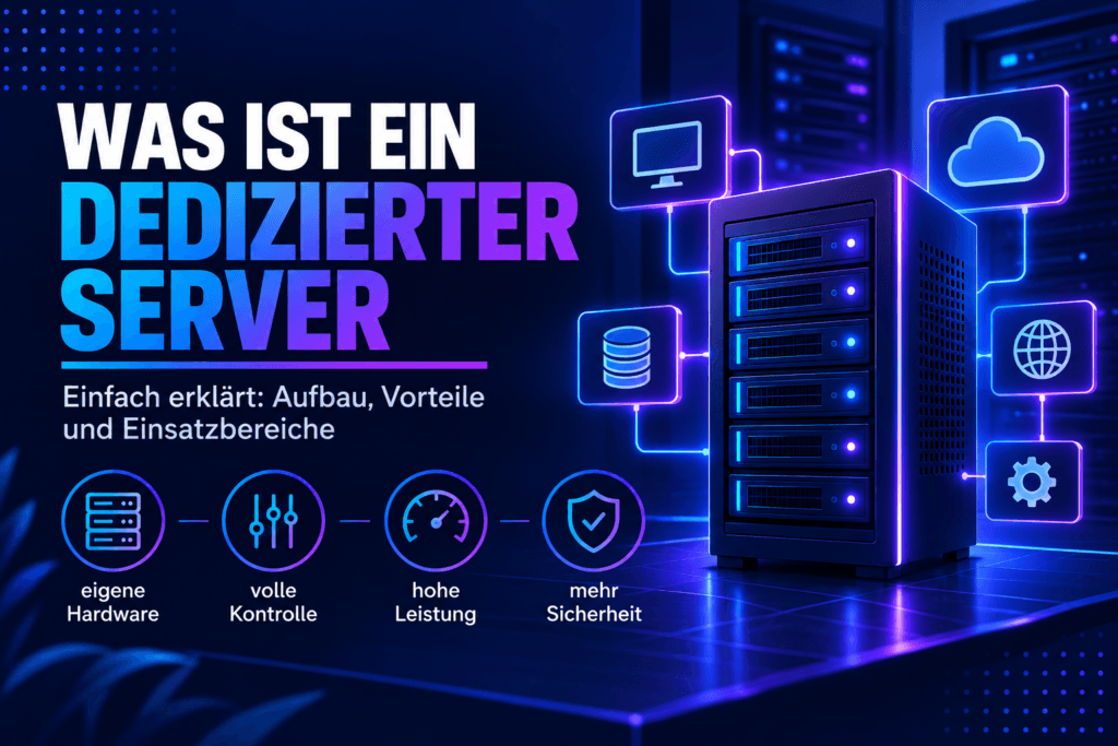 Illustration eines dedizierten Servers mit Symbolen für eigene Hardware, volle Kontrolle, hohe Leistung und Sicherheit