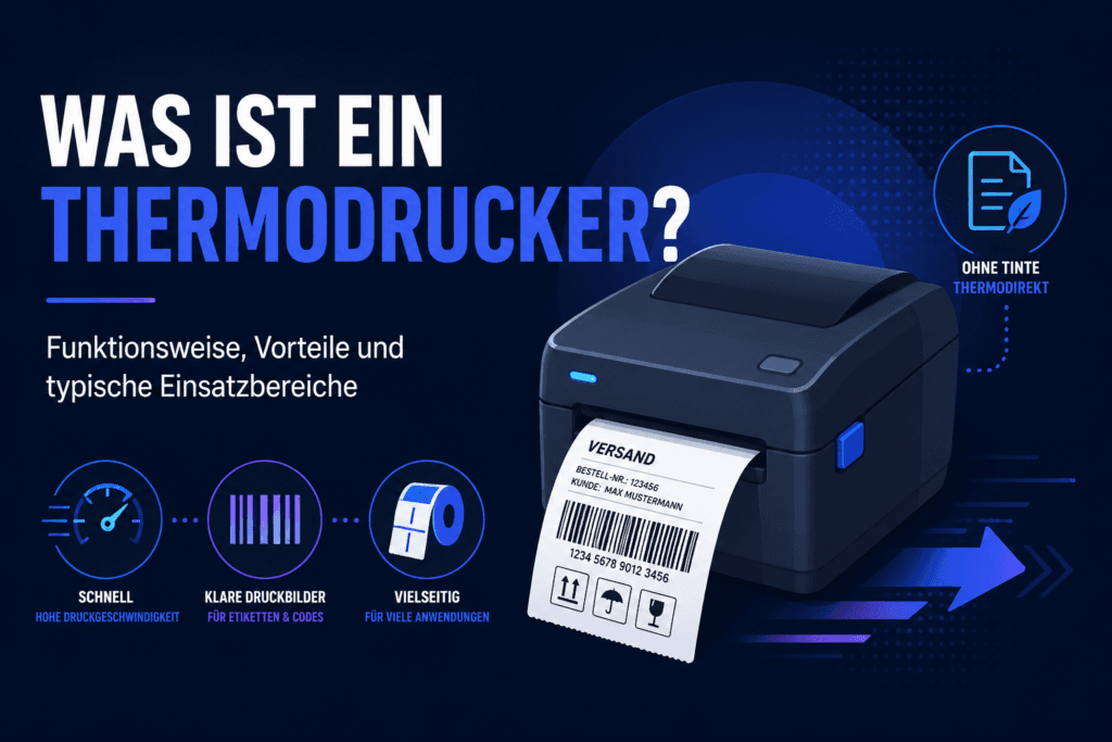 Illustration eines Thermodruckers mit Versandetikett, Barcode und Hinweisen zu Funktionsweise, Vorteilen und Einsatzbereichen