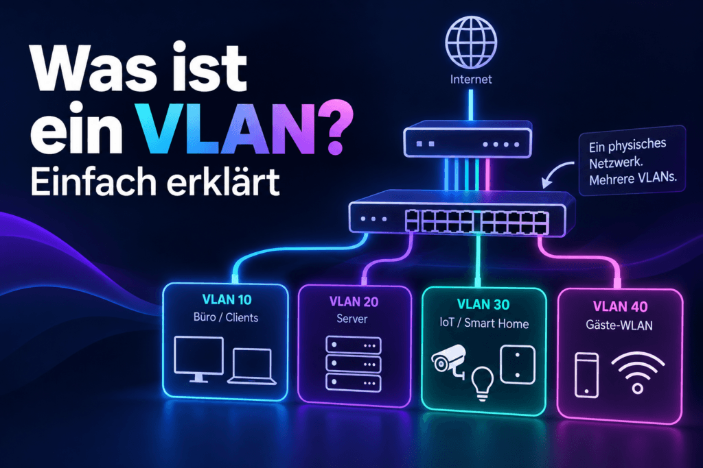 Illustration eines VLAN-Netzwerks mit Router, Switch und getrennten Bereichen für Clients, Server, Smart Home und Gäste-WLAN