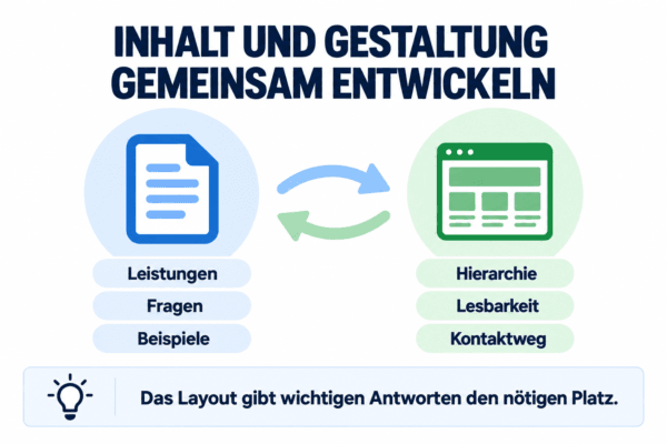 Infografik zum Zusammenspiel von Website-Inhalten und Gestaltung mit Leistungen, Fragen, Beispielen, Lesbarkeit und Kontaktweg.