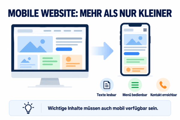 Vergleich einer Website auf Desktop und Smartphone mit Prüfpunkten für lesbare Texte, bedienbares Menü und erreichbaren Kontakt.
