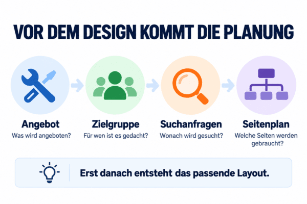 Infografik mit den Planungsschritten Angebot, Zielgruppe, Suchanfragen und Seitenplan vor dem Webdesign.