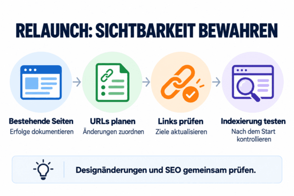 Infografik mit vier Schritten beim Website-Relaunch: bestehende Seiten dokumentieren, URLs planen, Links prüfen und Indexierung testen.