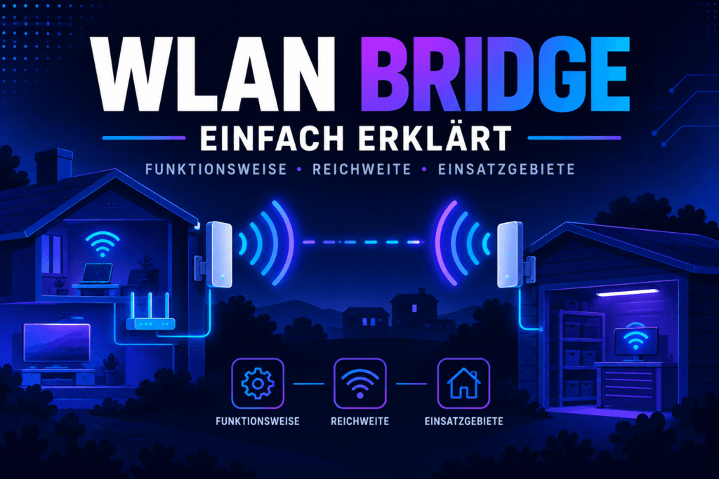 Illustration einer WLAN Bridge zwischen zwei Gebäuden mit drahtloser Verbindung und Netzwerkgeräten auf beiden Seiten