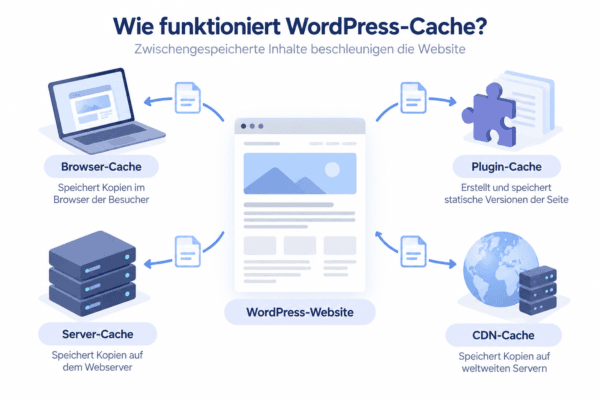 Infografik zur Funktionsweise von WordPress Cache mit Browser-, Plugin-, Server- und CDN-Cache rund um eine Website