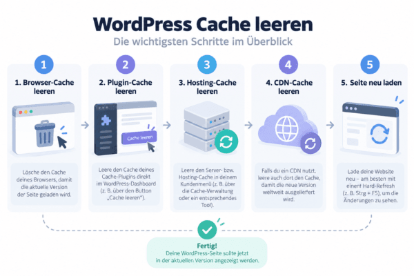 Infografik mit fünf Schritten zum WordPress Cache leeren über Browser, Plugin, Hosting, CDN und anschließendes Neuladen