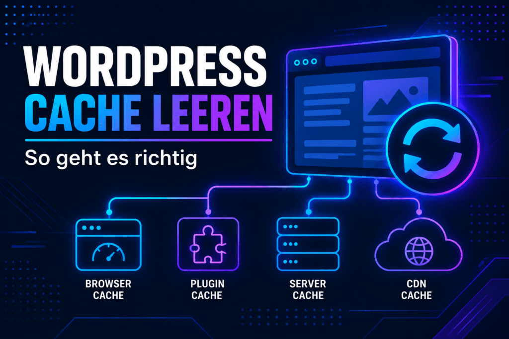 Illustration zum WordPress Cache leeren mit Browser-Cache, Plugin-Cache, Server-Cache und CDN-Cache