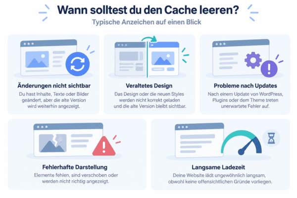 Infografik mit typischen Gründen zum WordPress Cache leeren wie nicht sichtbare Änderungen, altes Design, Update-Probleme und Darstellungsfehler