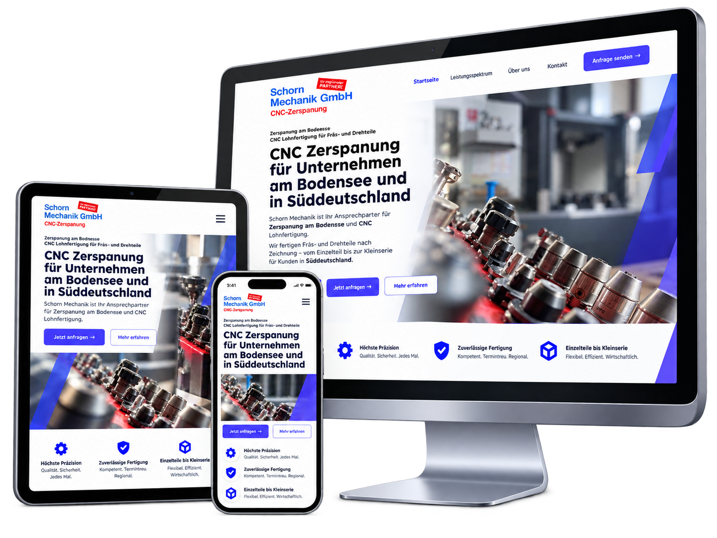 Responsive WordPress-Website von Schorn Mechanik auf Desktop-Monitor, Tablet und Smartphone als Webdesign-Referenz von Eschmedia