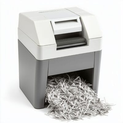 Grauer Aktenvernichter mit weißem Oberteil und herausquellenden Papierstreifen vor weißem Hintergrund