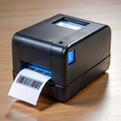 Schwarzer Barcode Drucker mit blauem Display und ausgegebenem Barcode-Etikett auf einem Holztisch.