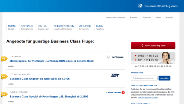 Ansicht von BusinessClassFlug.com mit Navigationsmenü und einer Übersicht von Business-Class-Flugangeboten.
