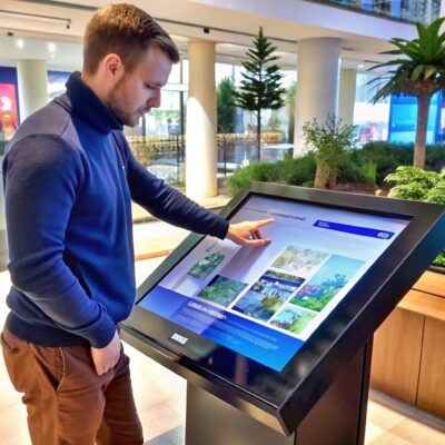 Mann bedient einen geneigten Touchscreen mit Bildern und Informationen in einer hellen Eingangshalle.