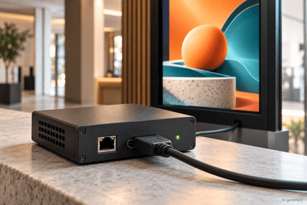 Schwarzer Digital Signage Player mit Netzwerkanschluss, eingestecktem HDMI-Kabel und grüner Statusleuchte vor einem Werbedisplay.
