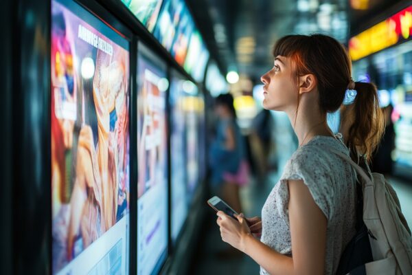Frau mit Smartphone betrachtet eine Reihe beleuchteter Werbedisplays in einem Innenraum.