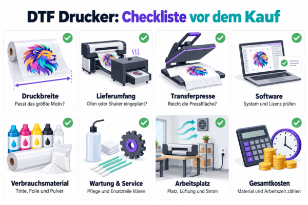 Kaufcheckliste für DTF Drucker mit acht Prüfpunkten zu Druckbreite, Lieferumfang, Transferpresse, Software, Verbrauchsmaterial, Wartung, Arbeitsplatz und Gesamtkosten.
