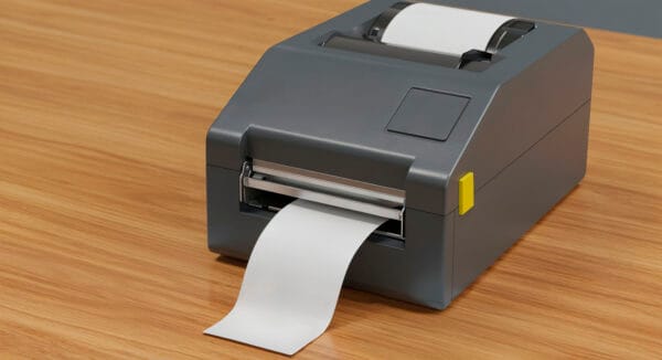 Grauer Etikettendrucker mit sichtbarer weißer Rolle und unbedrucktem Material an der Ausgabe auf einem Holztisch.