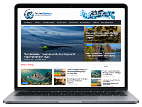 Laptop mit der Startseite von fischenlernen.de, einem Angelratgeber mit Fachartikeln über Angelmethoden, Köder, Angelausrüstung und Fischarten.