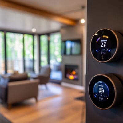 Zwei runde digitale Thermostate übereinander an einer dunklen Wand im Wohnbereich.