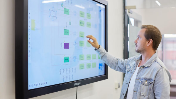 Mann bedient ein interaktives Whiteboard mit einem Ablaufdiagramm und farbigen Notizfeldern.