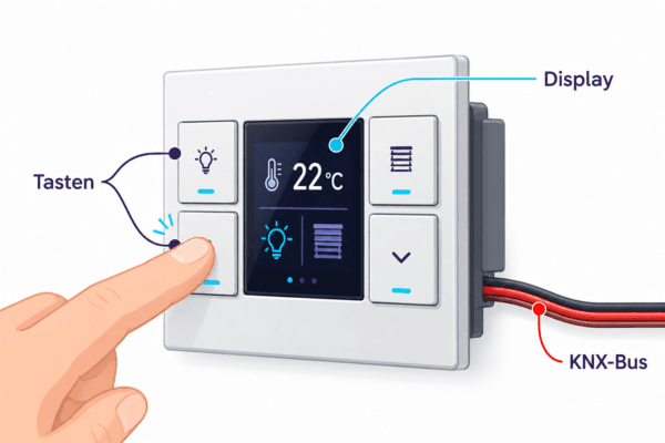 Schematische Darstellung eines KNX-Tasters mit vier Tasten, Display und KNX-Busanschluss.