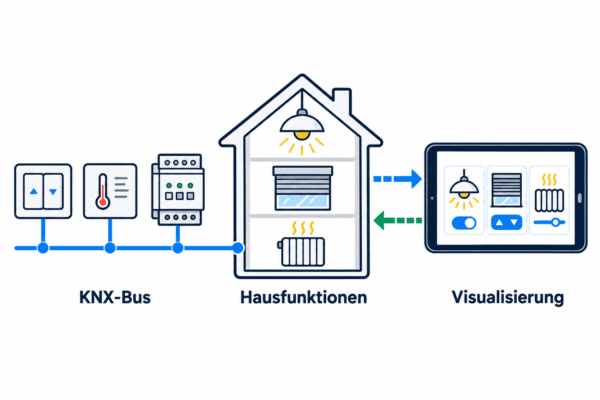 knx-visualisierung-erklaert.png	KNX-Bus verbindet Schalter, Temperatursensor und Aktor mit Hausfunktionen, die auf einem Tablet bedient werden.