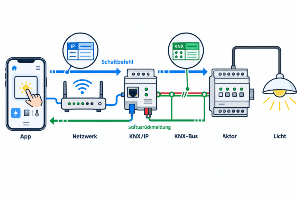 knx-visualisierung-technischer-ablauf.png	Schaltbefehl läuft von der App über Netzwerk und KNX/IP zum Aktor und Licht; die Statusmeldung führt zurück zur App.