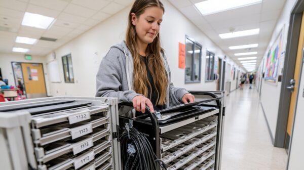 Frau steht zwischen zwei geöffneten Laptop Ladewagen und hält einen Einschub mit einem Notebook.