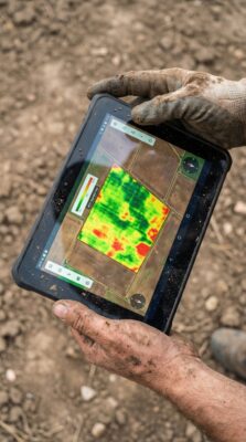 Verschmutzte Hände, eine davon mit Arbeitshandschuh, halten ein Tablet mit einer farbigen Vegetationskarte über trockenem Boden.