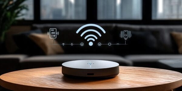 Rundes Smart-Home-Gerät auf einem Holztisch mit eingeblendeten Funk- und Gerätesymbolen.