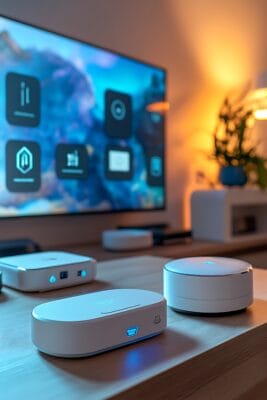 Mehrere weiße Smart-Home-Geräte auf einer Holzfläche vor einem Bildschirm mit Steuersymbolen.