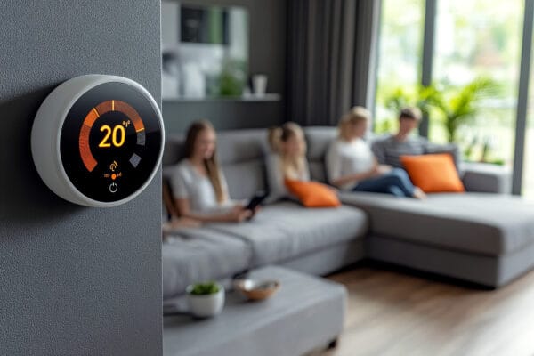 Rundes Wandthermostat mit einer Anzeige von 20 Grad und einer Familie auf dem Sofa im Hintergrund.