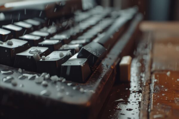 Nahaufnahme einer schwarzen Tastatur mit Wassertropfen auf den Tasten und dem Gehäuse.