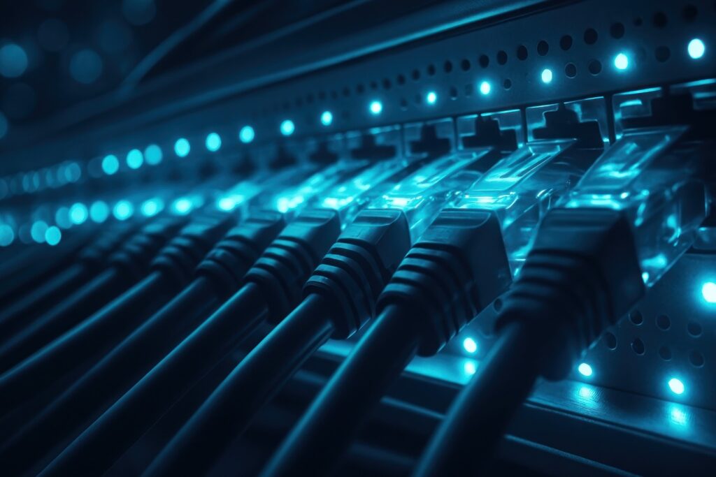 Mehrere Ethernet-Kabel stecken in einem Netzwerk-Switch mit blau leuchtenden Statusanzeigen.