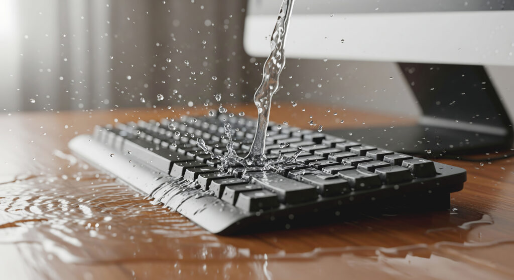 Wasser trifft auf eine schwarze Computertastatur und verteilt sich über die Tasten und den hölzernen Schreibtisch.