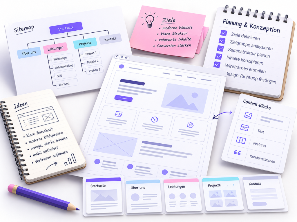 Website-Planung mit Sitemap, Wireframes, Seitenstruktur und Checkliste zur Konzeption eines neuen Internetauftritts.