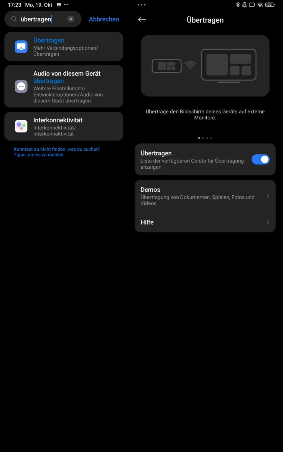 Xiaomi-Einstellungen mit Suche nach Übertragen und eingeschaltetem Schalter für die Bildschirmübertragung.